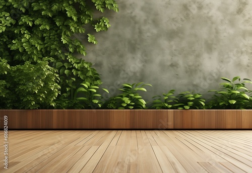 Terrace with beautiful green plants view and a concrete wall with copy space. Modern terrace design concept. © Asad