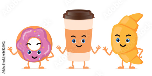 Funny characters croissant, donut and cup of coffee for menu, banner. Breakfast, food, bakery concept. Funny food. Cute stylish characters. Vector illustration.