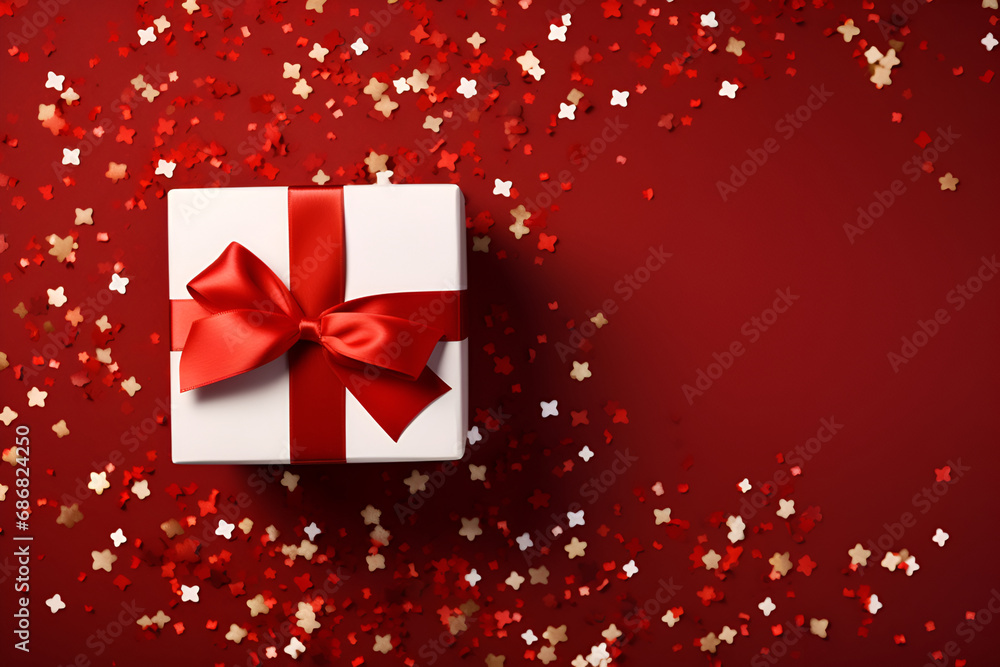 White gift box or top view of white present box tied with red ribbon bow on dark red background generated AI White gift box or top view of white present box tied with red ribbon bow on dark red background generated AI