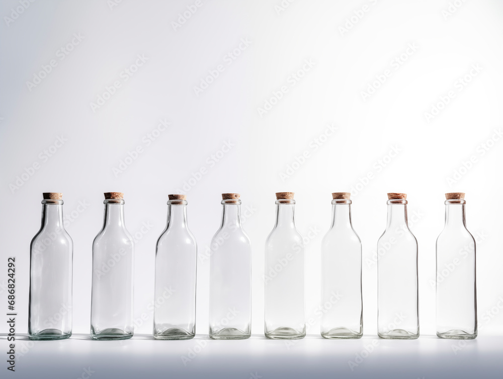 Row of Empty Glass Bottles with Cork Stoppers  
