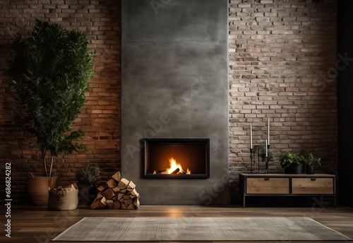 Concrete wall with fireplace and hall brick wall. Wooden logs near fireplace to put them in fire. Cozy home interior of modern living room with fireplace. photo