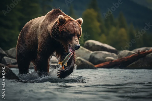 A brown bear gets its lunch on a mountain river.