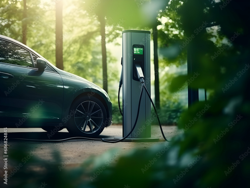 charging EV car electric vehicle clean energy for driving future, eco-friendly alternative energy concept, futuristic hybrid vehicle charge battery electric on station, ai generated photo