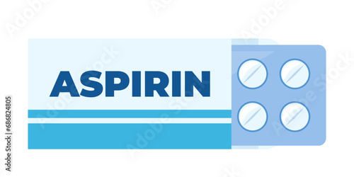 Aspirin pack and blister with pills. Vector illustration in flat style.