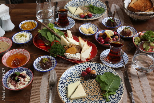 Breakfast with toast, tea and orange juice