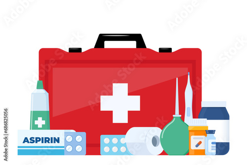 First Aid Kit for ambulance emergency, vehicle, office, travel. Medical help items. Plasters, pills, bandage, aspirin, thermometer. Elements for medical infographics. Vector illustration.