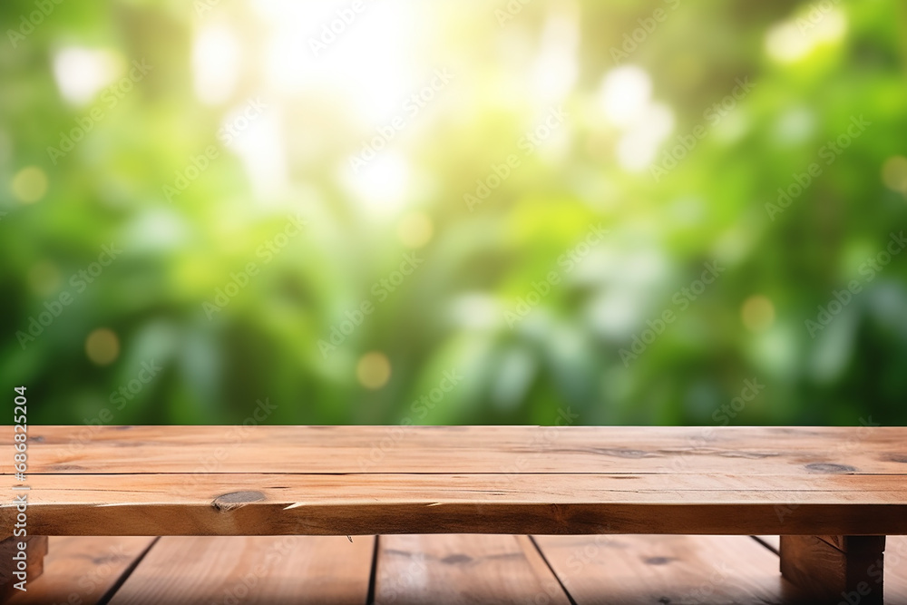 Wood Table Top on Blurred Green Background Created with Generative AI Tools Wood Table Top on Blurred Green Background Created with Generative AI Tools