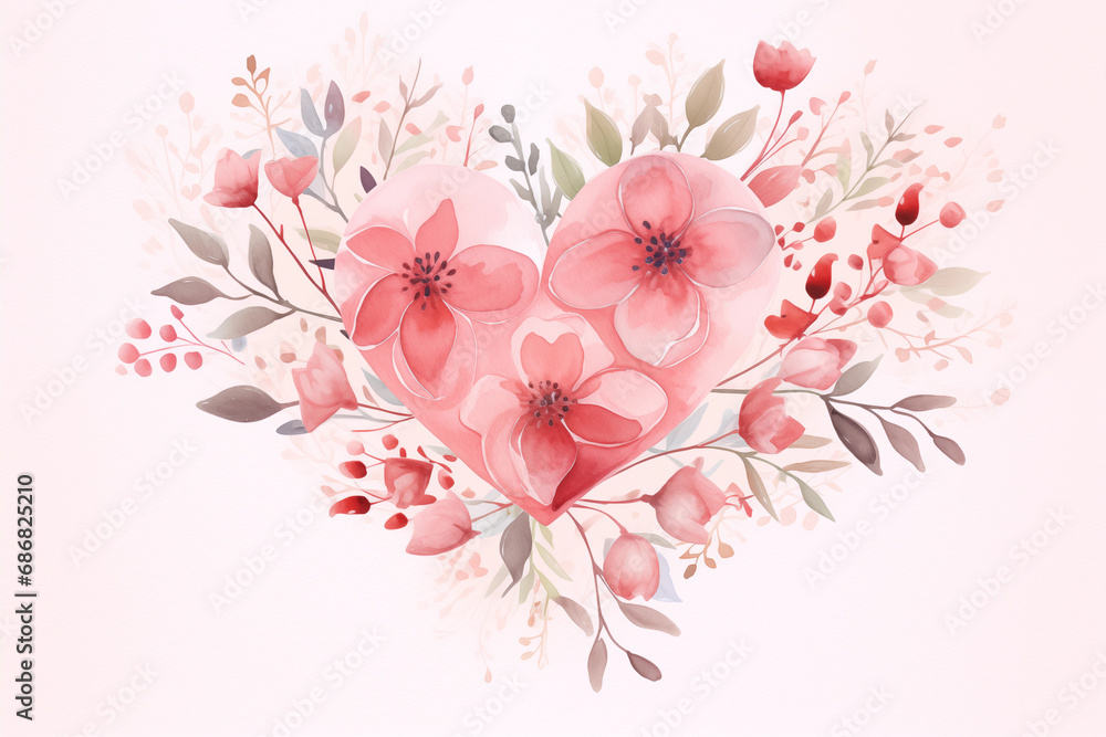 A simple yet elegant watercolor heart with a floral pattern, postcard, Valentine’s Day, watercolor style, with copy space