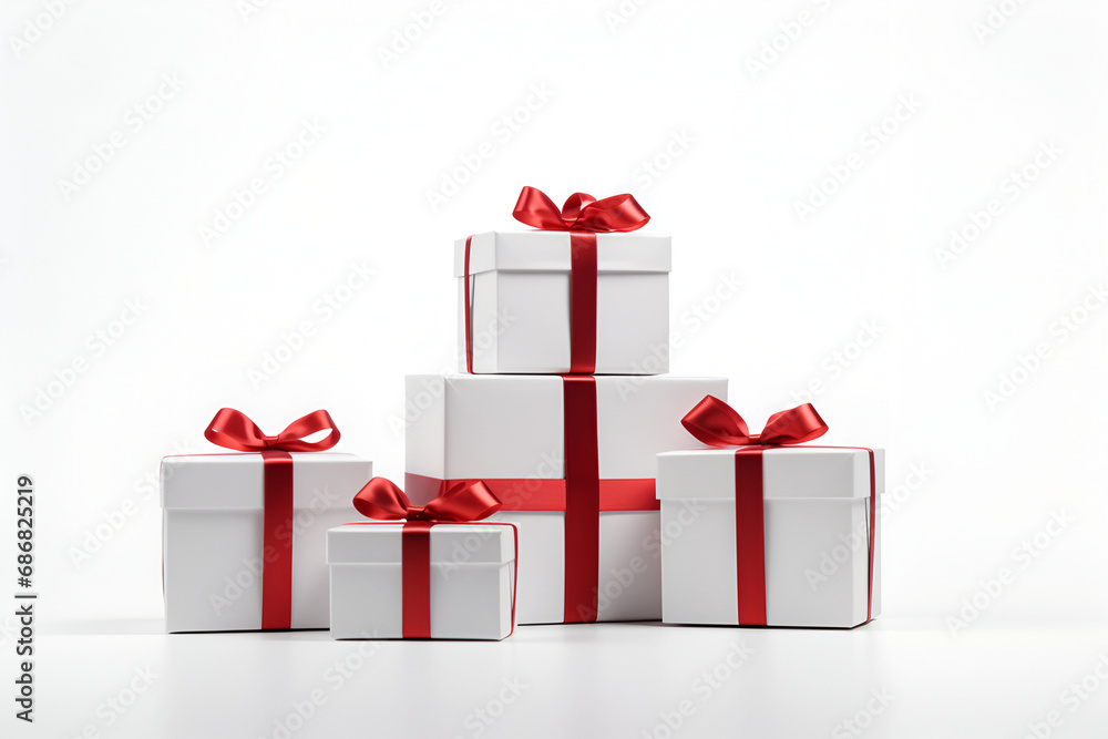 Obraz premium White gifts with red ribbons on white background. Generated AI