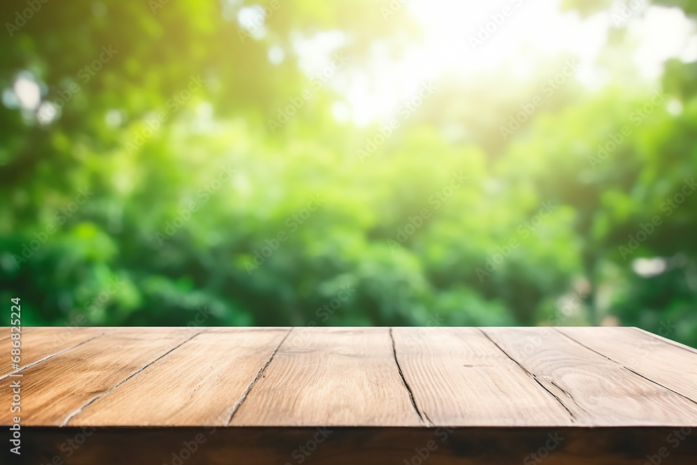 Wood Table Top on Blurred Green Background Created with Generative AI Tools Wood Table Top on Blurred Green Background Created with Generative AI Tools