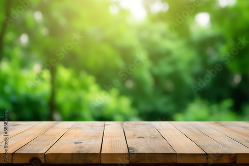 Wood Table Top on Blurred Green Background Created with Generative AI Tools © ThePixelCraft