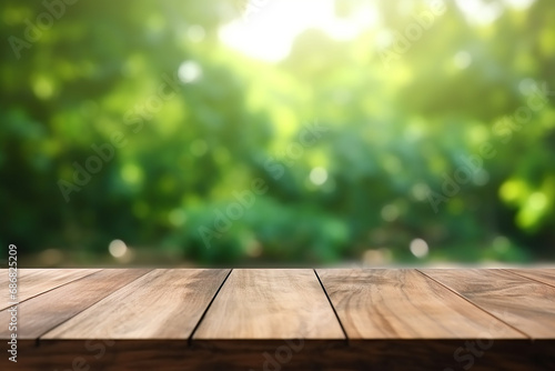 Wood Table Top on Blurred Green Background Created with Generative AI Tools
