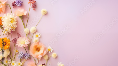 A scattering of wildflowers on a soft pastel surface  Valentine   s Day  delicate flowers  top view  with copy space