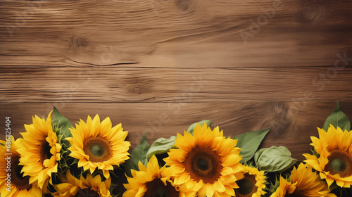 A spiral of sunflowers on a rustic wooden background, Valentine’s Day, delicate flowers, top view, with copy space