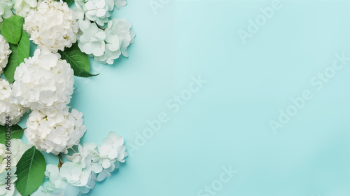 A composition of hydrangeas on a light teal background, creating a fresh, spring feel, Valentine’s Day, delicate flowers, top view, with copy space