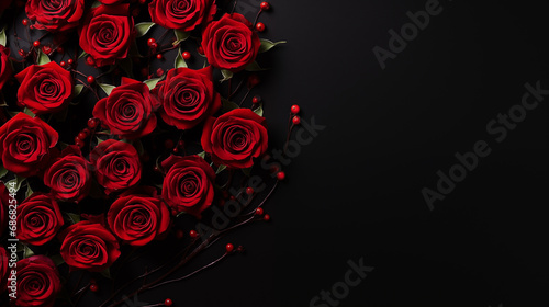 A spiral arrangement of small red roses on a stark black background, creating a dramatic contrast, Valentine’s Day, delicate flowers, top view, with copy space