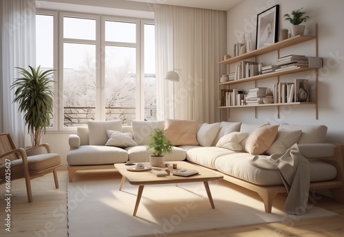 Scandinavian style interior living room design concept. White sofa with cream and white color pillows. Rectangular table and chair sofa near. Cozy home interior modern design of living room.