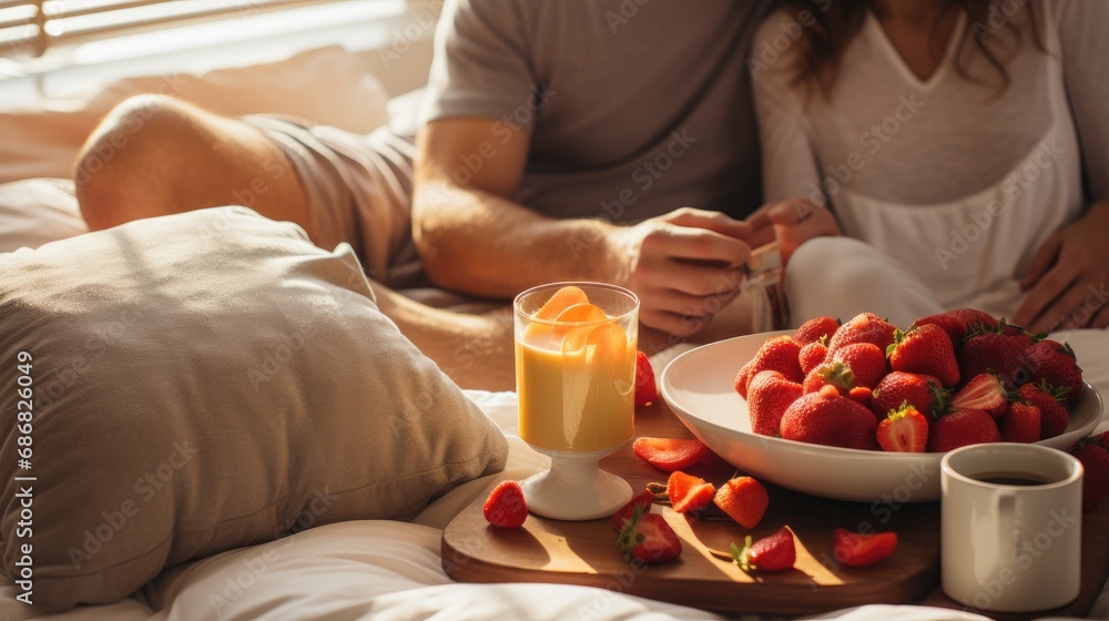 A couple enjoys a romantic Valentine's Day breakfast in bed with fresh strawberries and orange juice, sharing a peaceful and intimate moment. A couple enjoys a romantic Valentine's Day breakfast in bed with fresh strawberries and orange juice, sharing a peaceful and intimate moment.