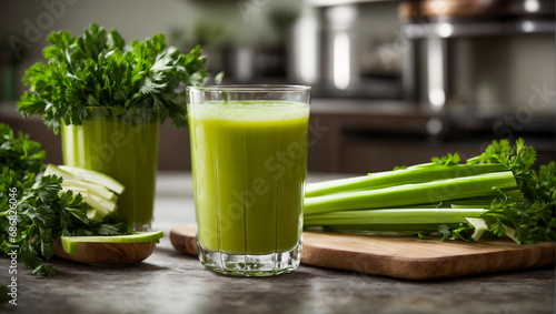 Fresh celery juice in a glass, against the kitchen photo