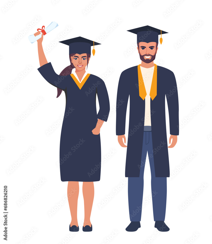 Couple of happy smiling graduates with diplomas. Man and woman graduated from university. Vector illustration isolated on white.