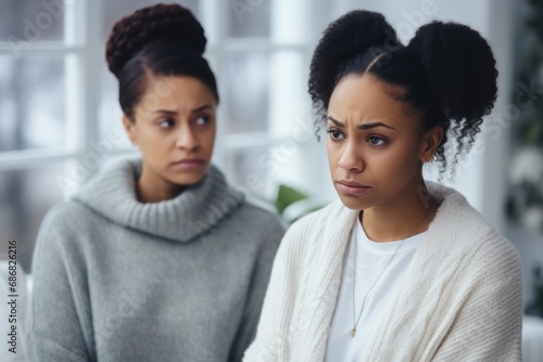 Family conflict, offended teen daughter and middle aged mum argument, close up upset african american girl in front and woman behind avoid to talk after quarrel at home