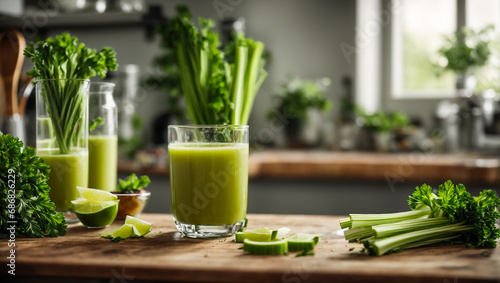 Fresh celery juice in a glass  against the kitchen