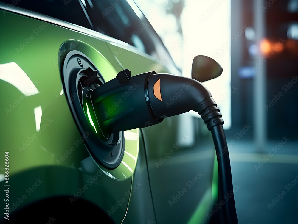 charging EV car electric vehicle clean energy for driving future, eco-friendly alternative energy concept, futuristic hybrid vehicle charge battery electric on station, ai generated photo