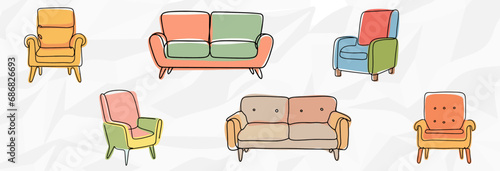 Farbenfrohe Gemütlichkeit: Lineart-Zeichnungen von bunten Sessel und Sofas
