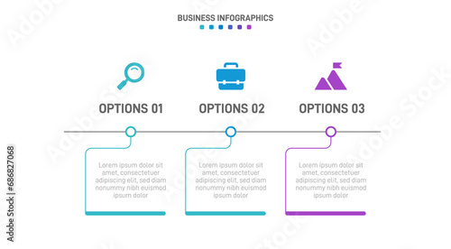 Timeline infographic with infochart. Modern presentation template with 3 spets for business process. Website template on white background for concept modern design. Horizontal layout.