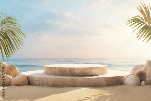 Beach-inspired product display with a beige podium, surrounded by an assortment of seashells, against a serene ocean and sky backdrop, perfect for showcasing summer items.