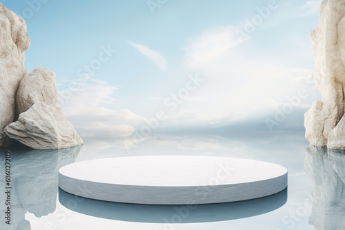 White podium standing in water. Mock up for product, cosmetic presentation. Pedestal or platform for beauty products. Empty scene. Stage, display, showcase. Podium with copy space.