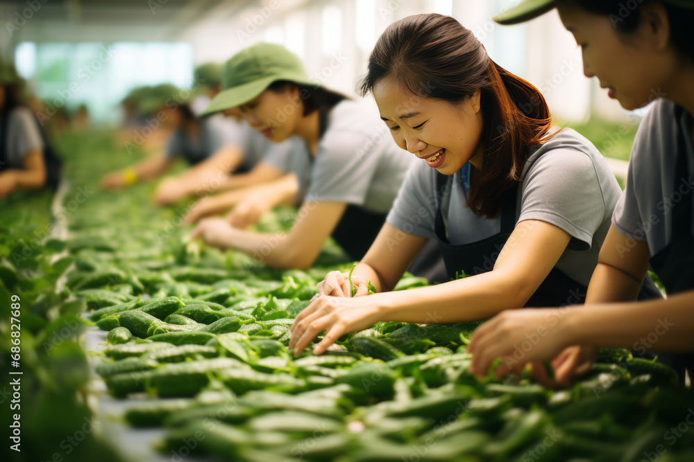 Obraz premium Asian women sort the cucumber harvest.