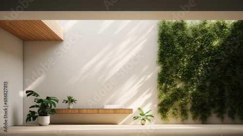interior in a minimalist style with wooden ceilings and walls  tall and green plants and the soft glow of light bulbs.
