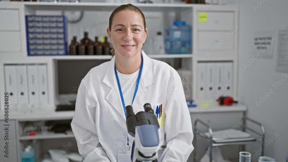 Confident, happy young blonde female scientist enjoys working, smiling while using microscope in lively lab environment. Confident, happy young blonde female scientist enjoys working, smiling while using microscope in lively lab environment.