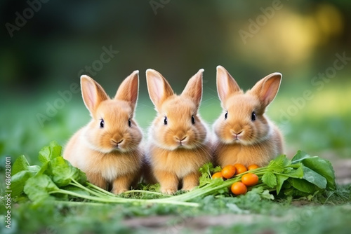Close-Up Group of Healthy Lovely Baby Bunny Easter Rabbits Eating Food  Carrot  Grass on Green Garden Nature Background Created with Generative AI Tools