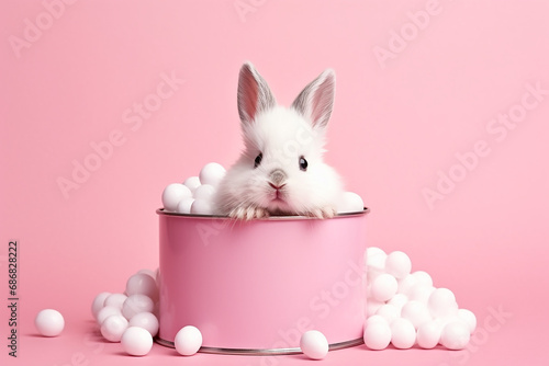 Creative Minimal Concept: Easter Day, Little White Baby Rabbit Bunny Sitting in Tin Pink Created with Generative AI Tools photo