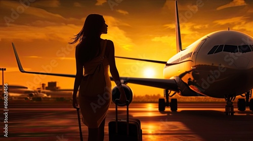 tourist against the background of an airplane during sunset. Warm, soft light at this time adds magic and realism to photographs.