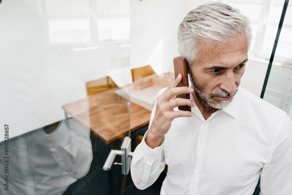 Mature businessman on the phone in office Mature businessman on the phone in office