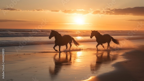 Horses galloping on sea or ocean beach at sunset, a majestic scene of freedom, strength, and the beauty of nature in motion. The image captures the essence of wild grace and the untamed spirit.