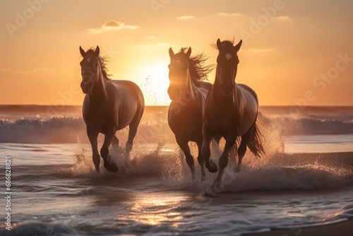 Horses galloping on sea or ocean beach at sunset  a majestic scene of freedom  strength  and the beauty of nature in motion. The image captures the essence of wild grace and the untamed spirit.