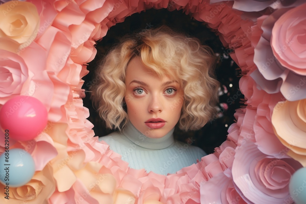 Blonde woman with stunning eyes peering through an opening surrounded by roses in various pastel shades Blonde woman with stunning eyes peering through an opening surrounded by roses in various pastel shades