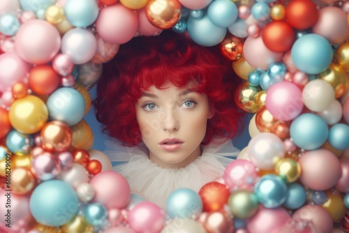Red-haired woman with blue eyes surrounded by a vibrant collection of glossy colorful balls