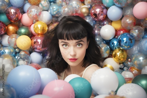 A pensive young woman surrounded by a multitude of colorful balloons, deep in thought
