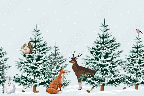 Christmas trees, red fox, white rabbit, squirrel, bullfinch, deer animal floral seamless border blue background. Winter forest mural.