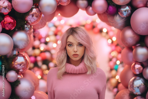 Portrait of a stylish woman framed by christmas baubles in a pink color palette with soft lights