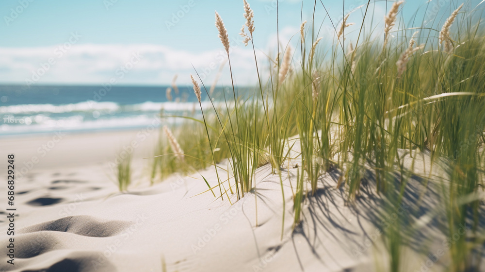 A beach with sand and blades of grass