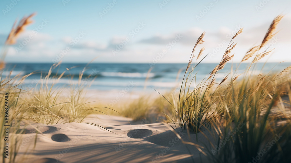 A beach with sand and blades of grass - obrazy, fototapety, plakaty 