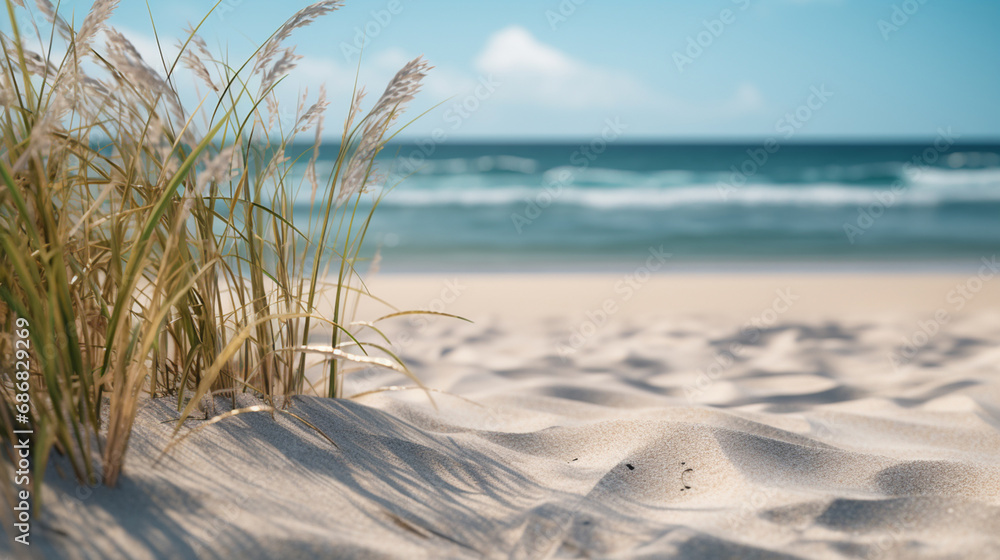 A beach with sand and blades of grass