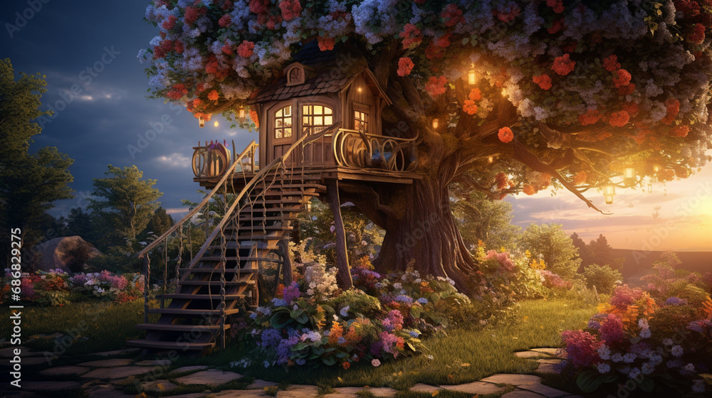 A tree house with many flowers