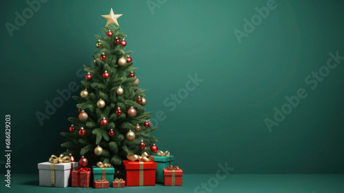 Christmas tree and gifts on green background. Copy space. Banner. Xmas greeting card